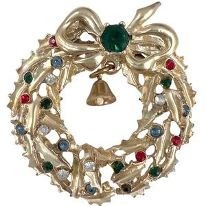 VTG Christmas Wreath Brooch Gold Multicolor Rhinestone Kinetic Dangling Bell Pin